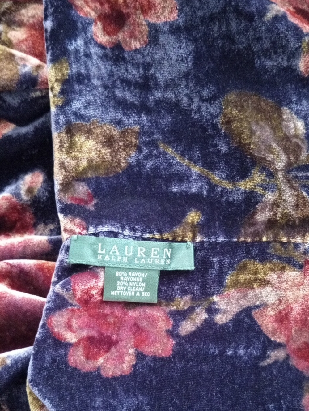 Vtg Lauren Ralph Lauren Navy Velvet Floral Infinity Scarf Pink Blooms